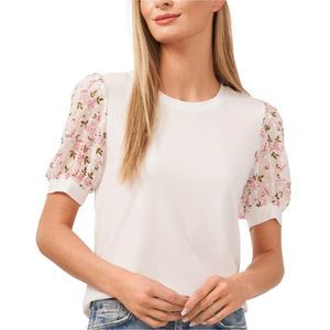 Womens Mixed Media Puff Sleeve Bouquet Knit Top, White, Size Small iQCZ
